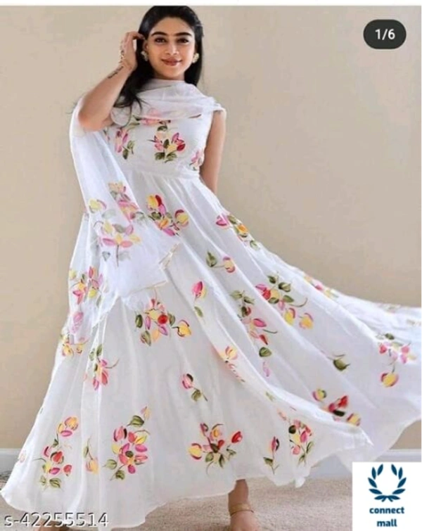 CHITRAREKHA White Flora Print Rayon Long Gown Kurti With Duppata - XL, White, Rayon, Long Gown Kurti, Pack of 1